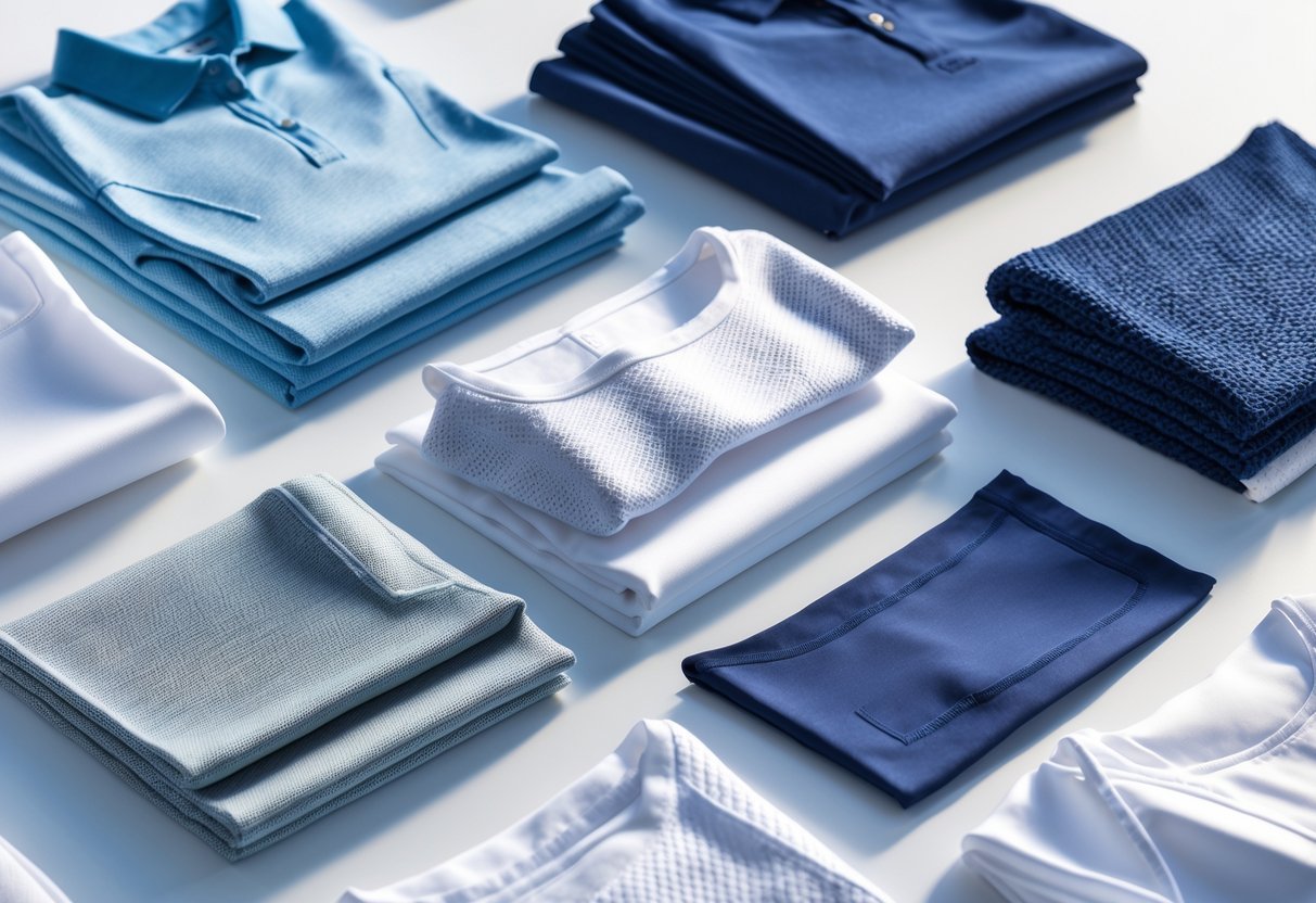 Close-up view of different golf shirt fabric swatches arranged on a white surface showing various textures and materials.