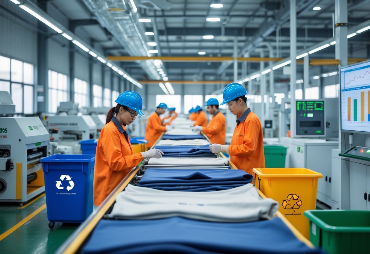 Workers inspecting clothing in a clean manufacturing facility with eco-friendly materials and recycling bins.