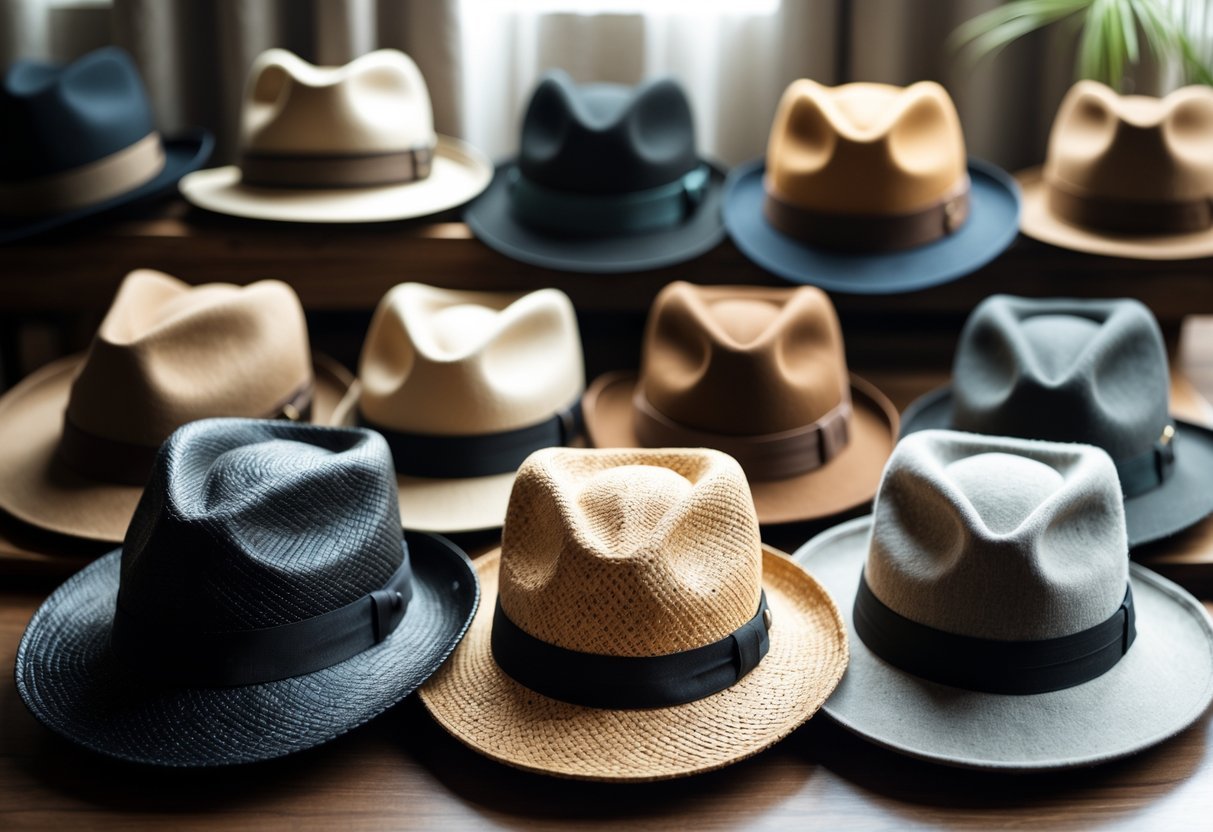 A collection of different fedora hats displayed on a wooden surface with soft lighting.