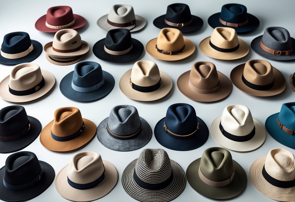 A collection of 21 different types of hats arranged neatly on a plain background.