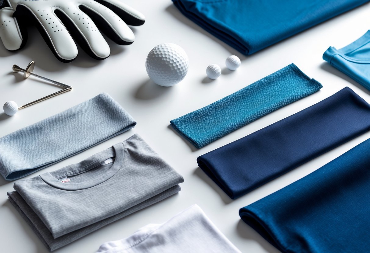 Flat lay of various golf shirt fabric swatches with golf accessories on a white background.