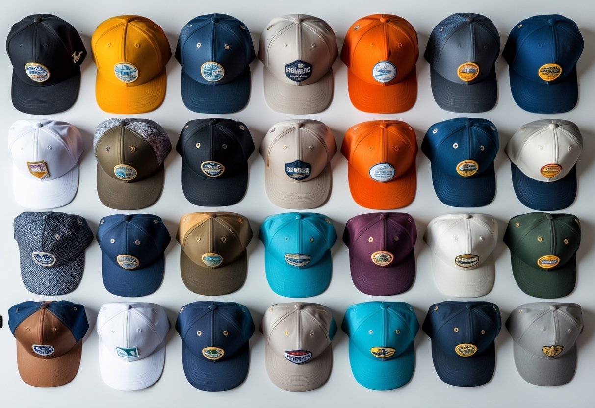 A collection of 21 different baseball caps arranged neatly on a white surface.