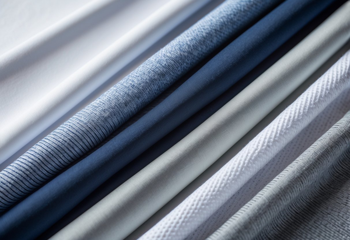 Close-up view of different golf shirt fabrics showing various textures and colors arranged side by side.