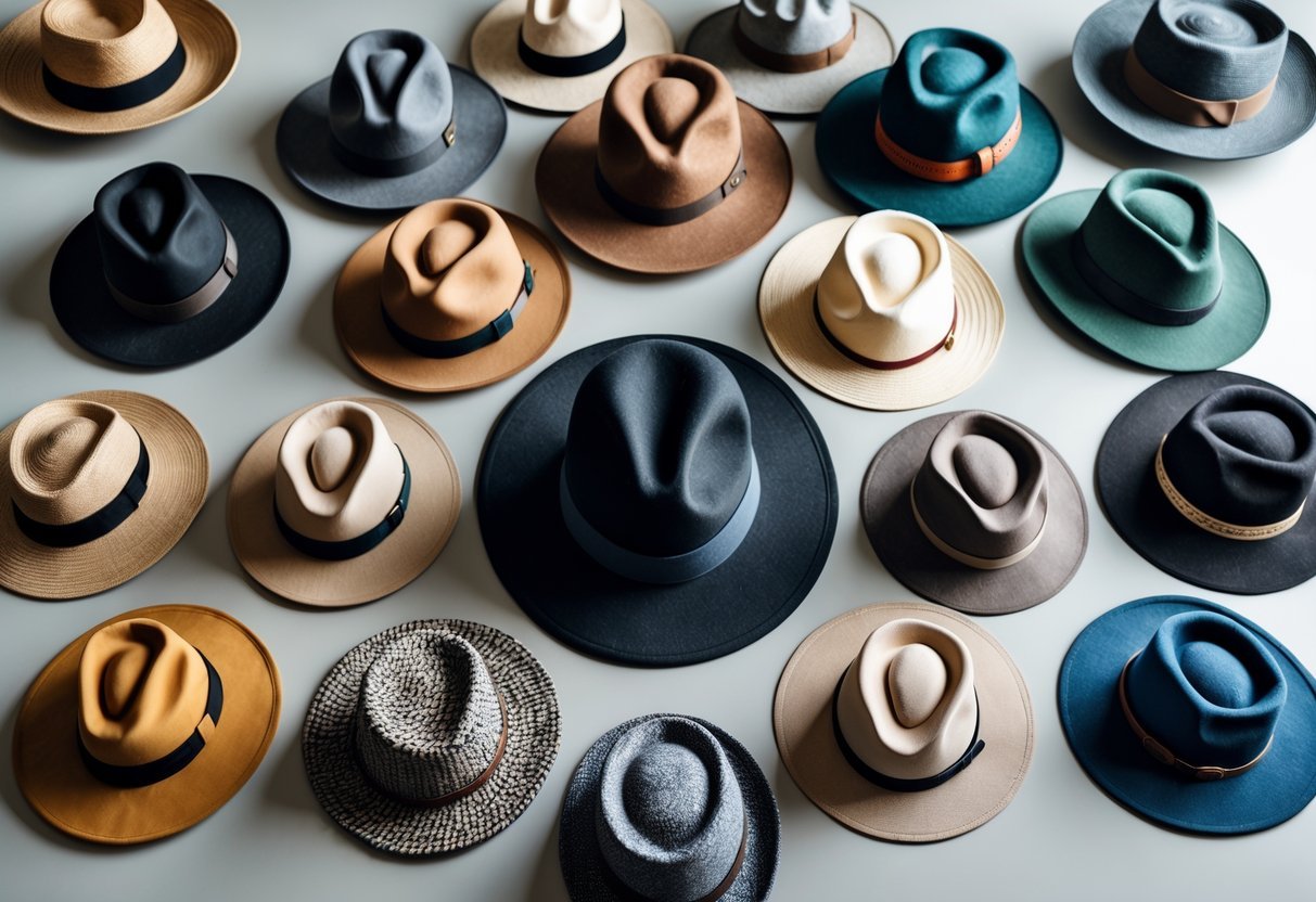 A collection of 21 different types of hats arranged neatly on a neutral background, including a beret and various other styles.