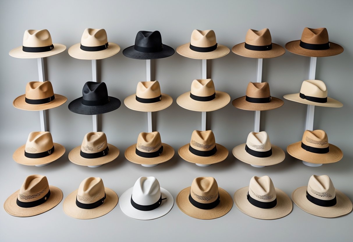 A collection of 21 different Panama hats arranged on a neutral background showing various shapes and styles.