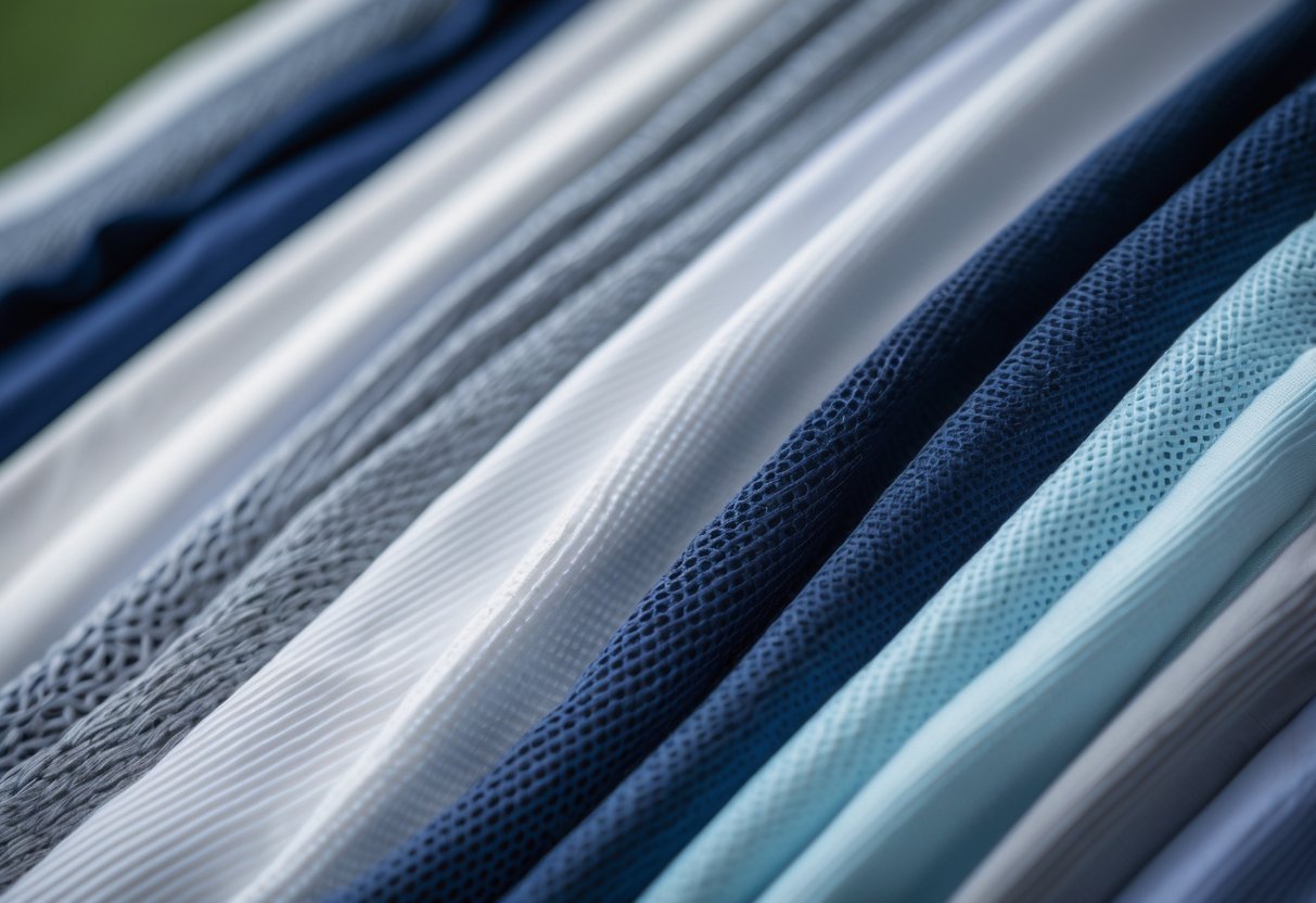 Close-up view of different types of golf shirt fabrics showing various textures and colors arranged side by side.