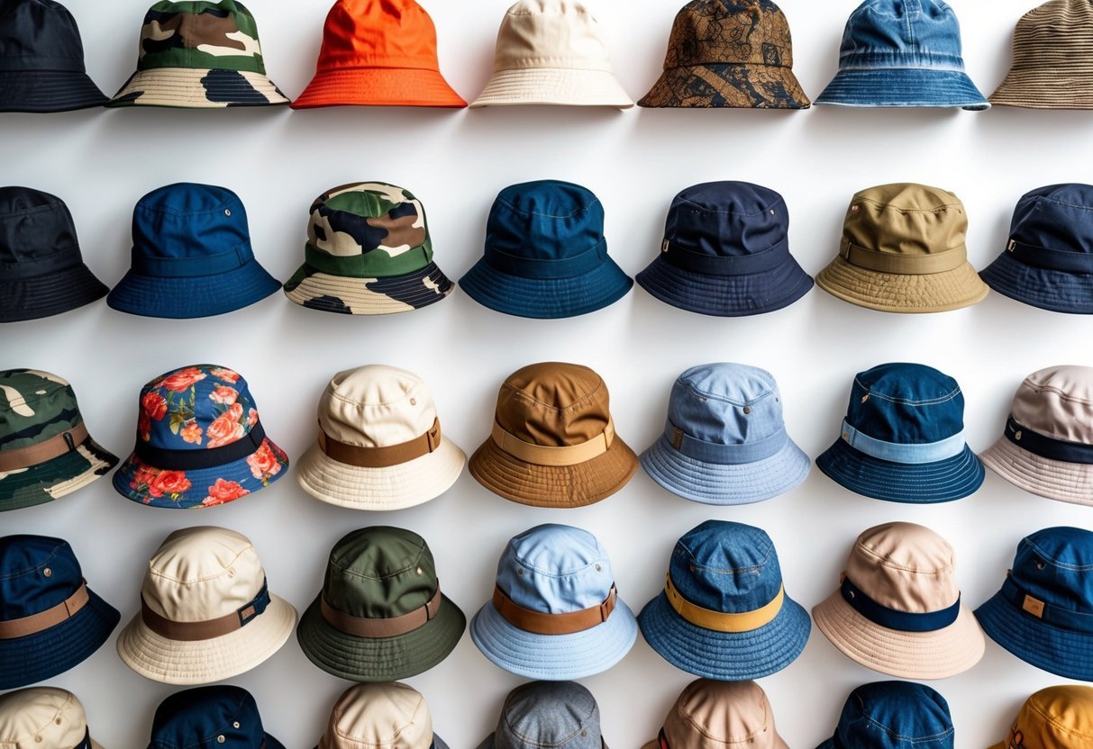 A collection of 21 different bucket hats in various colors and patterns arranged on a plain background.