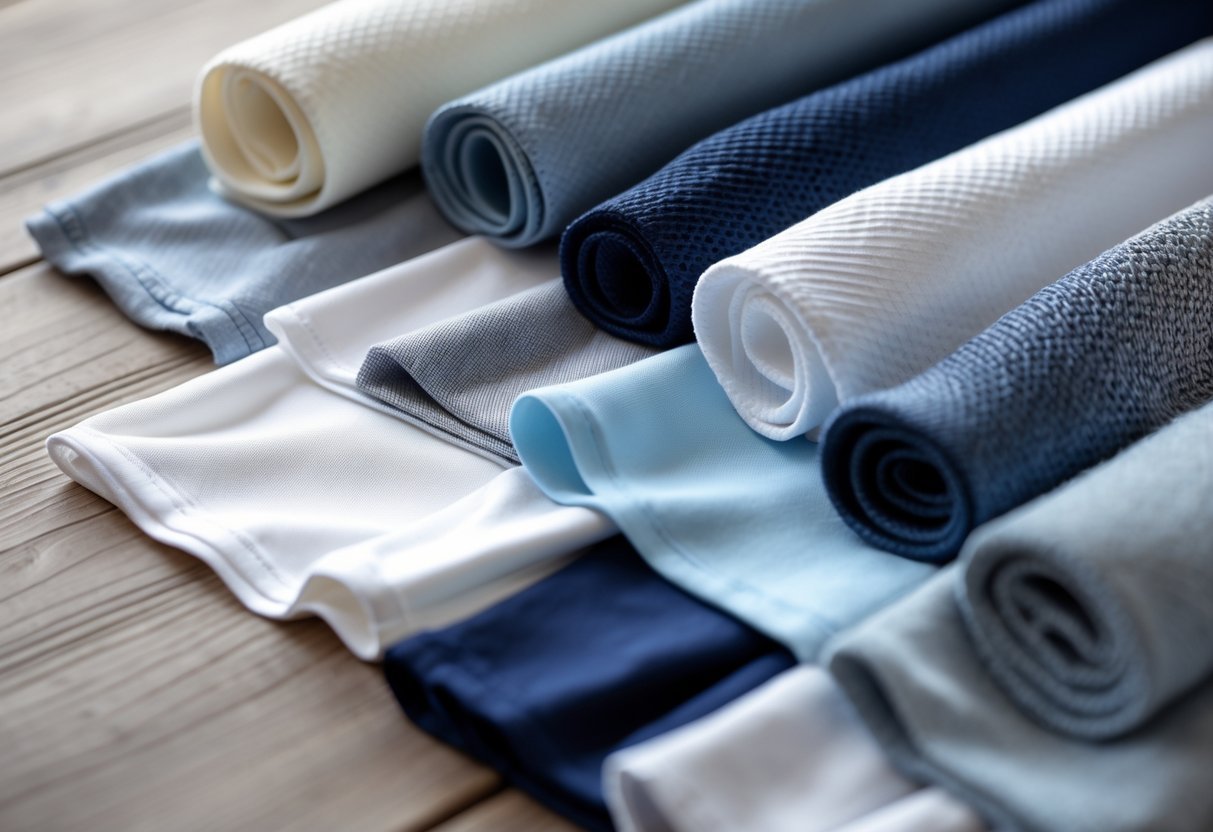 Close-up of various premium golf shirt fabric swatches arranged on a wooden surface, showing different textures and colors.