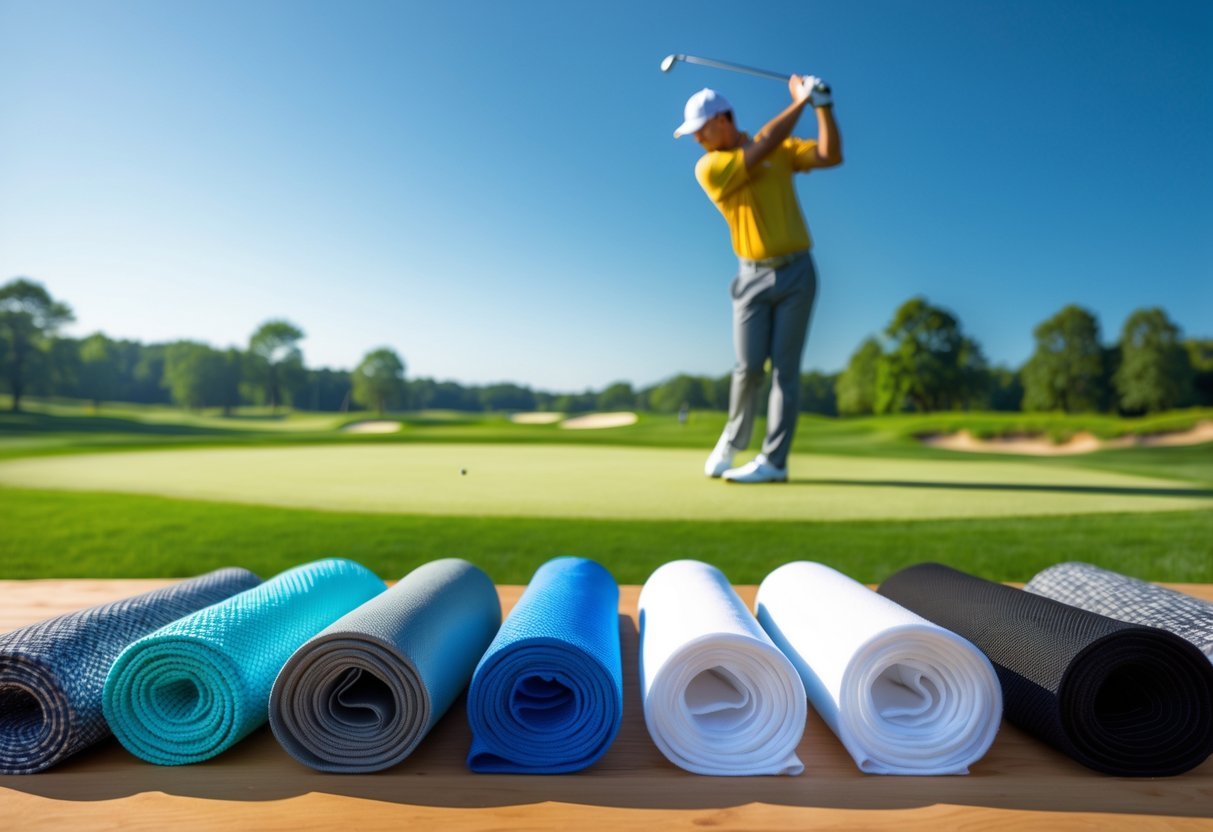 Close-up of different golf shirt fabric samples on a table with a golfer preparing to swing in the background on a golf course.