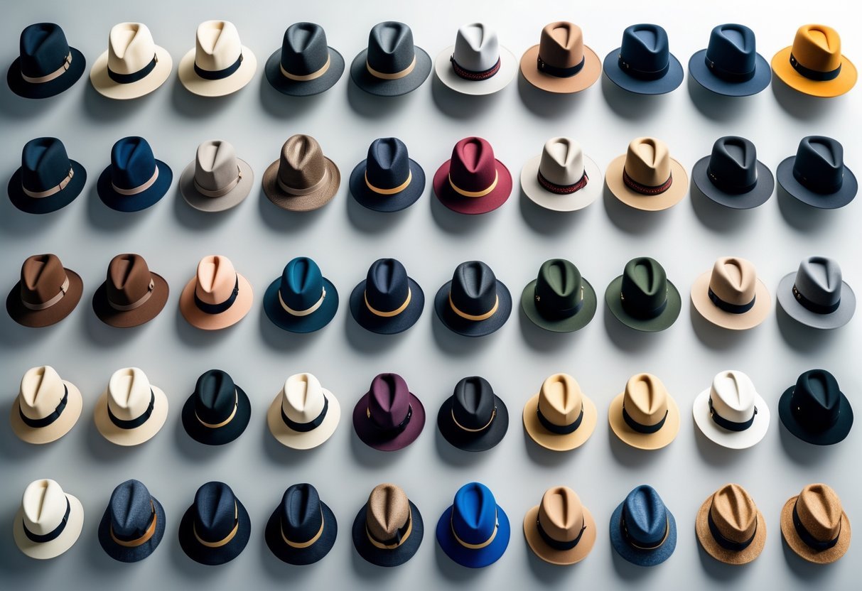 A collection of 21 different types of hats arranged neatly on a plain background.