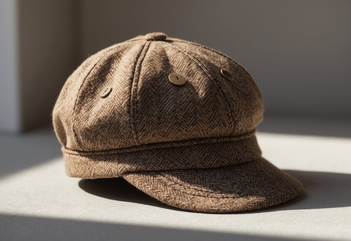 A newsboy cap made of tweed fabric resting on a neutral surface with a blurred background.