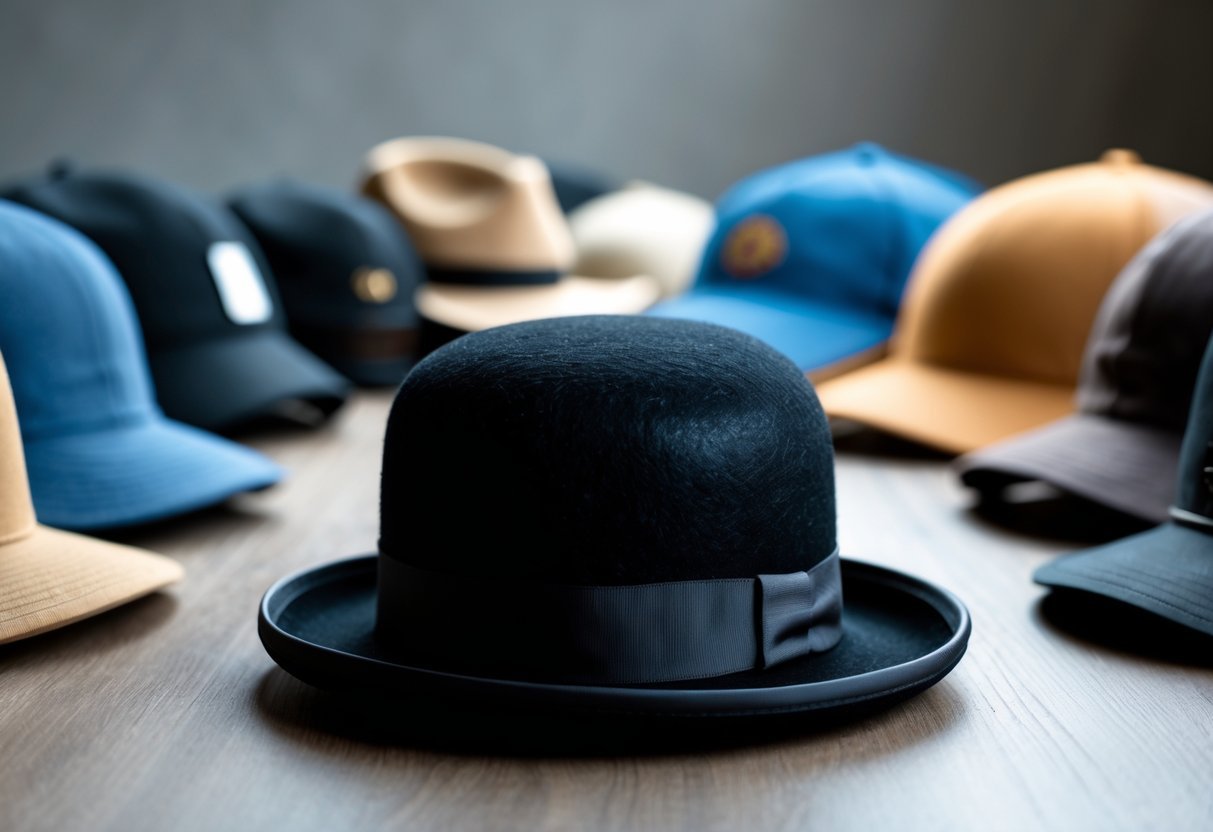 A black bowler hat on a wooden surface with various other hats blurred in the background.