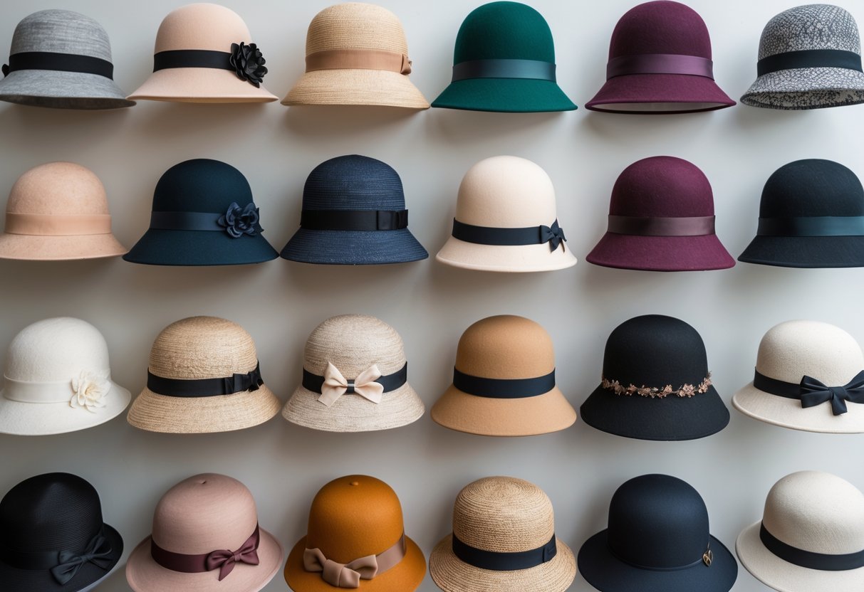 A collection of 21 different cloche hats displayed on a neutral background, showing various styles and decorations.