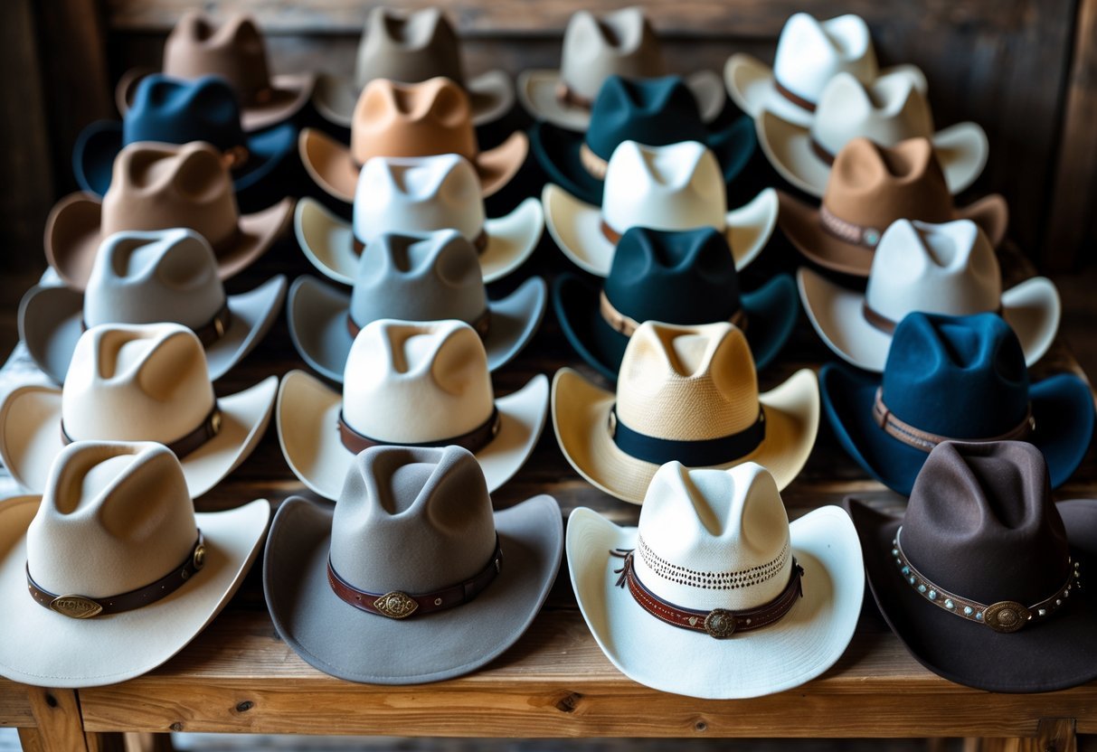 A collection of 21 different cowboy hats arranged on a wooden table.