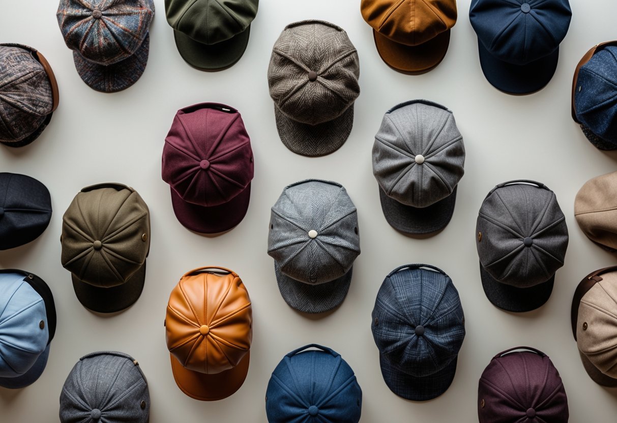 A collection of 21 different flat caps arranged neatly on a neutral background.