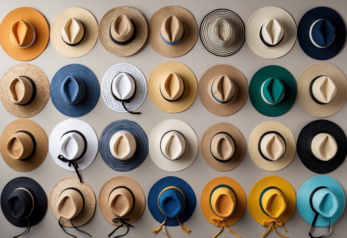 A collection of 21 different sun hats arranged neatly on a plain background.