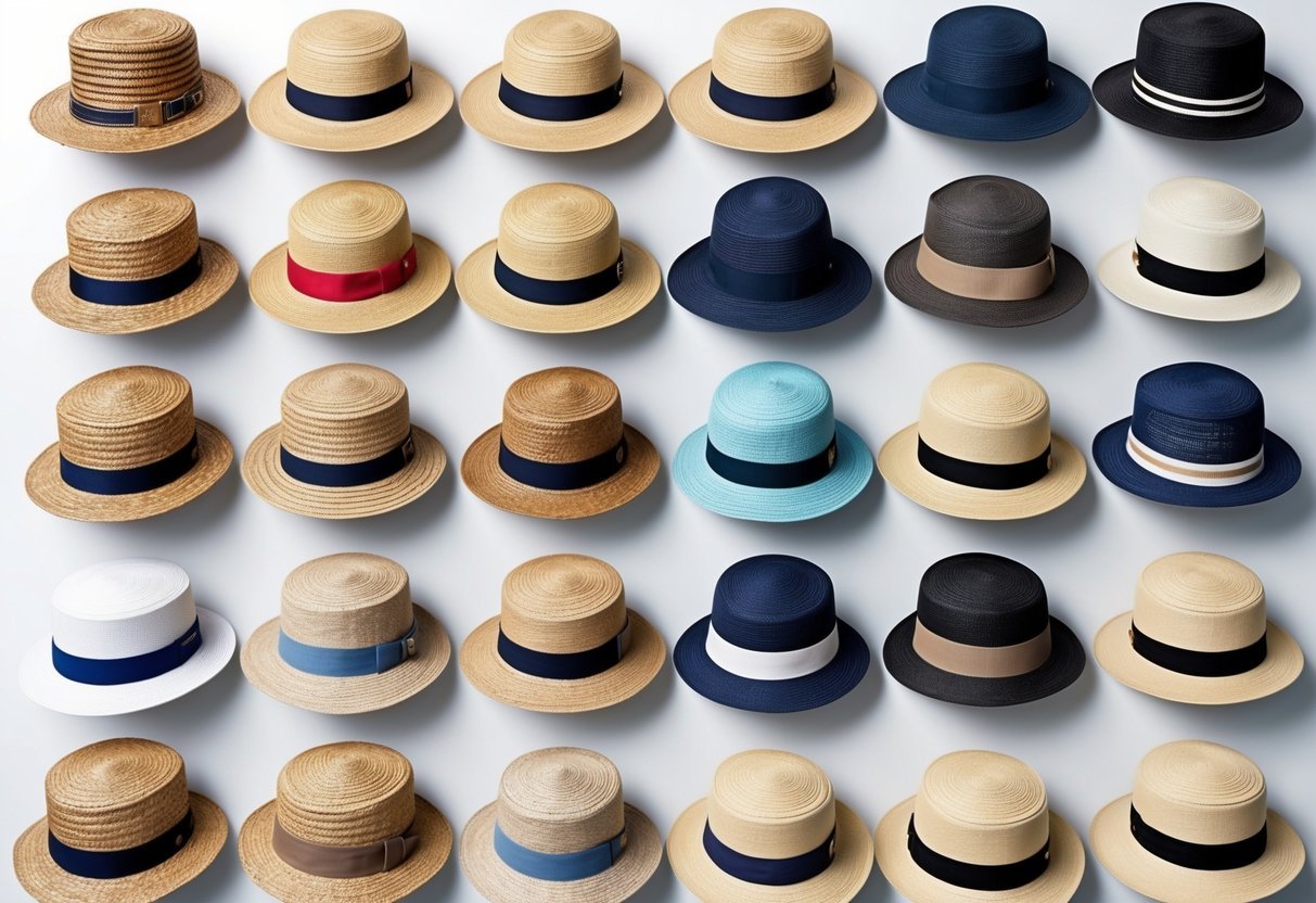 A collection of 21 different boater hats arranged in a grid on a white background.