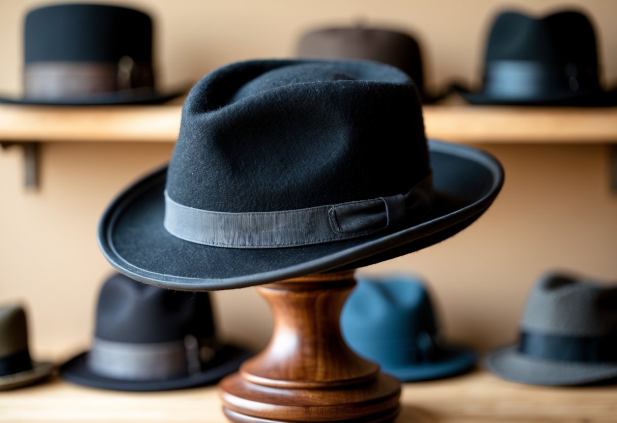 A dark felt pork pie hat displayed on a wooden stand with other hats blurred in the background.