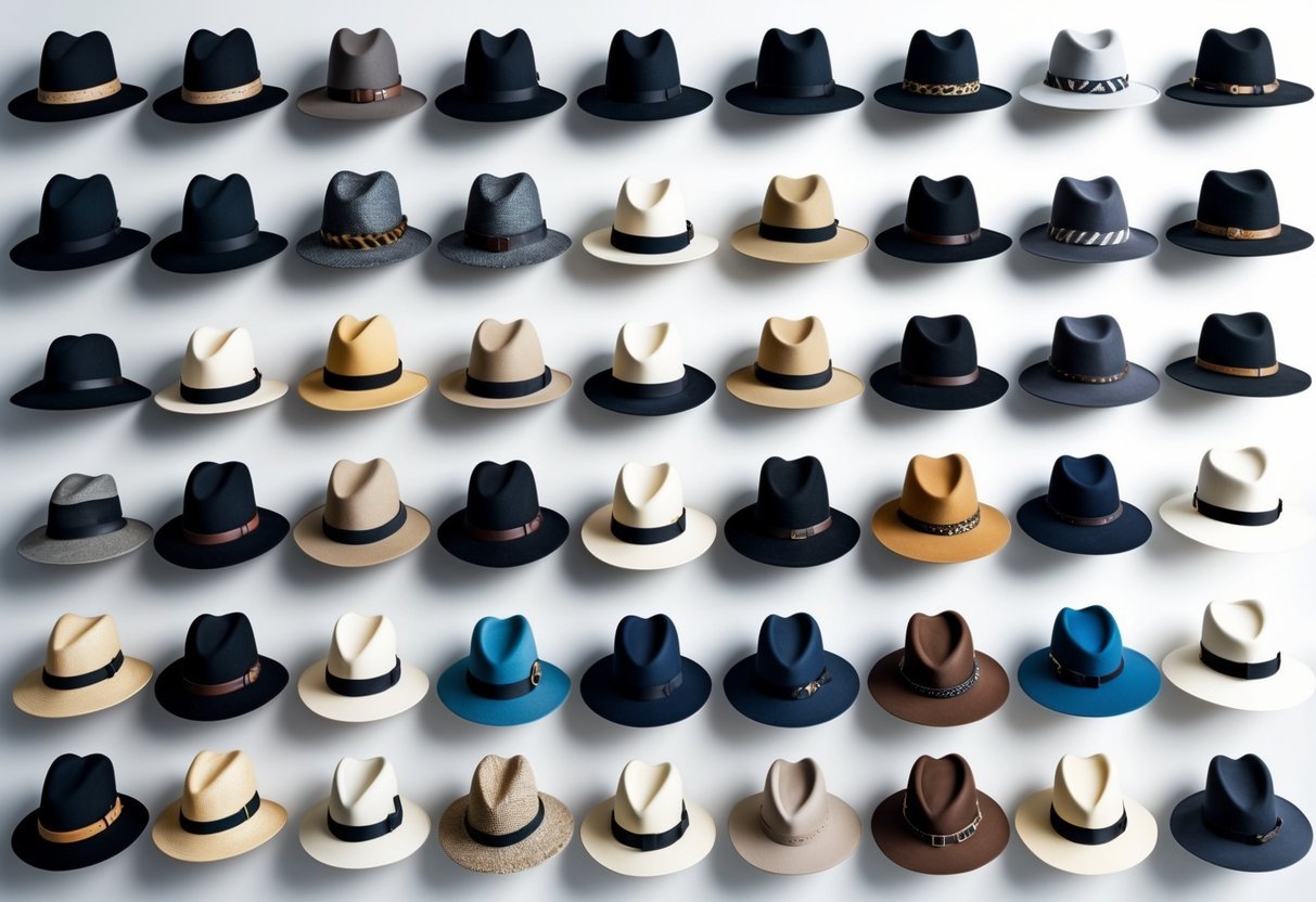 A collection of 21 different types of hats arranged neatly on a plain background.