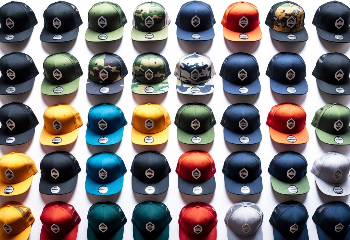 A collection of 21 different snapback hats arranged on a white background showing various colors and designs.