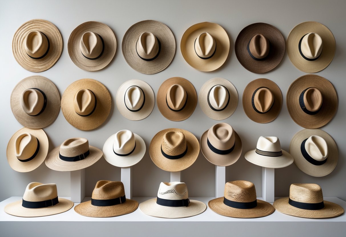 A collection of 21 different straw hats arranged on a light background, showing various styles and natural straw colors.