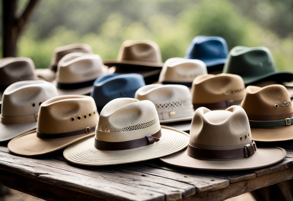 A collection of 21 different safari hats arranged on a wooden table with a blurred green background.