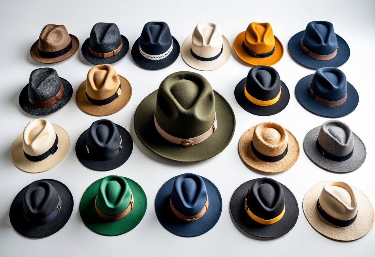 A collection of 21 different types of hats arranged neatly on a white background, featuring a deerstalker hat in the center surrounded by various other hat styles.