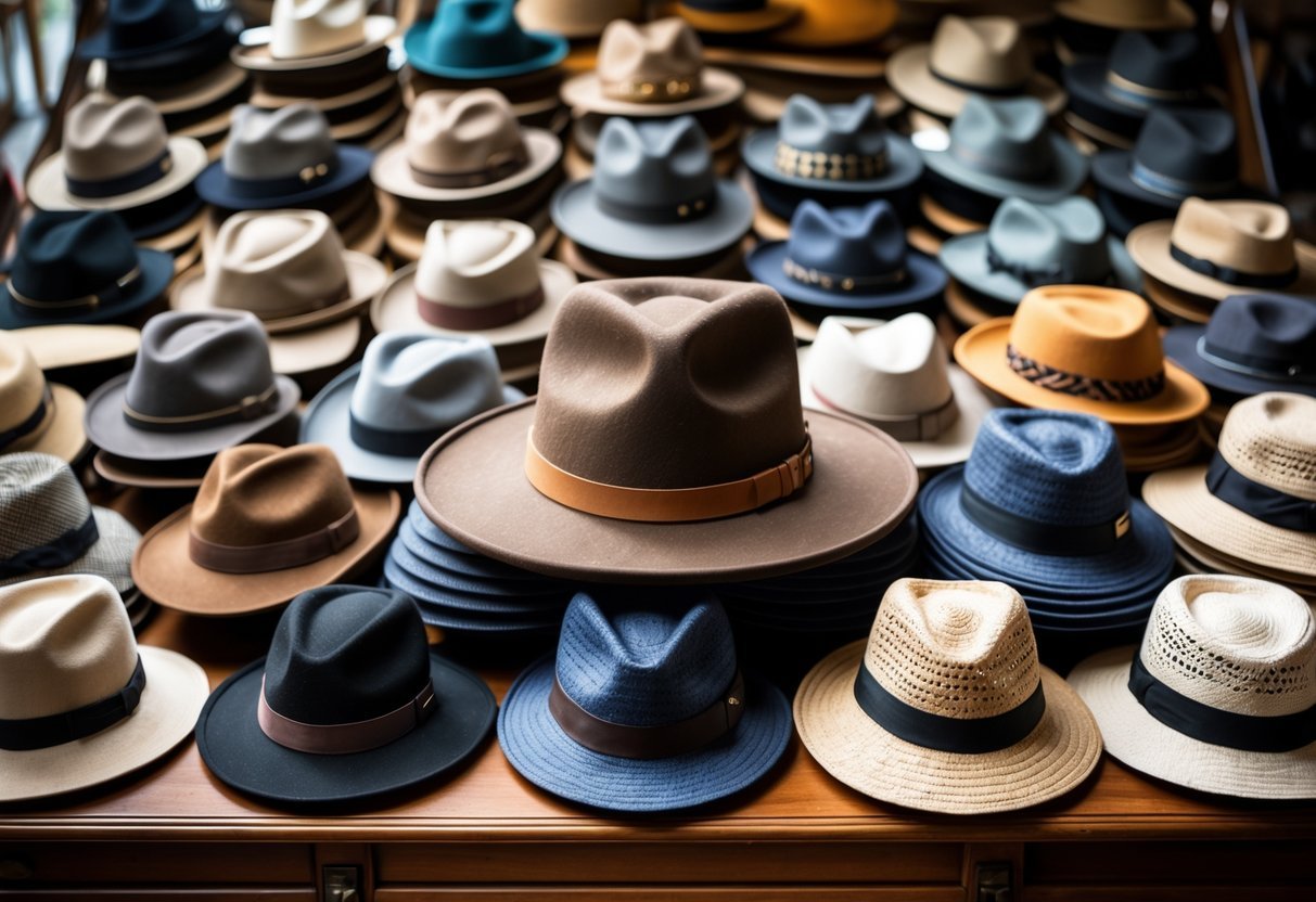 A collection of 21 different types of hats displayed on a wooden table, including a cavalry hat in the center.