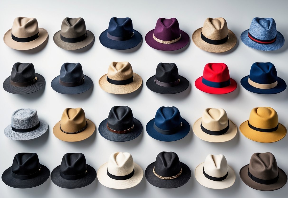 A collection of 21 different types of hats displayed together on a neutral background.
