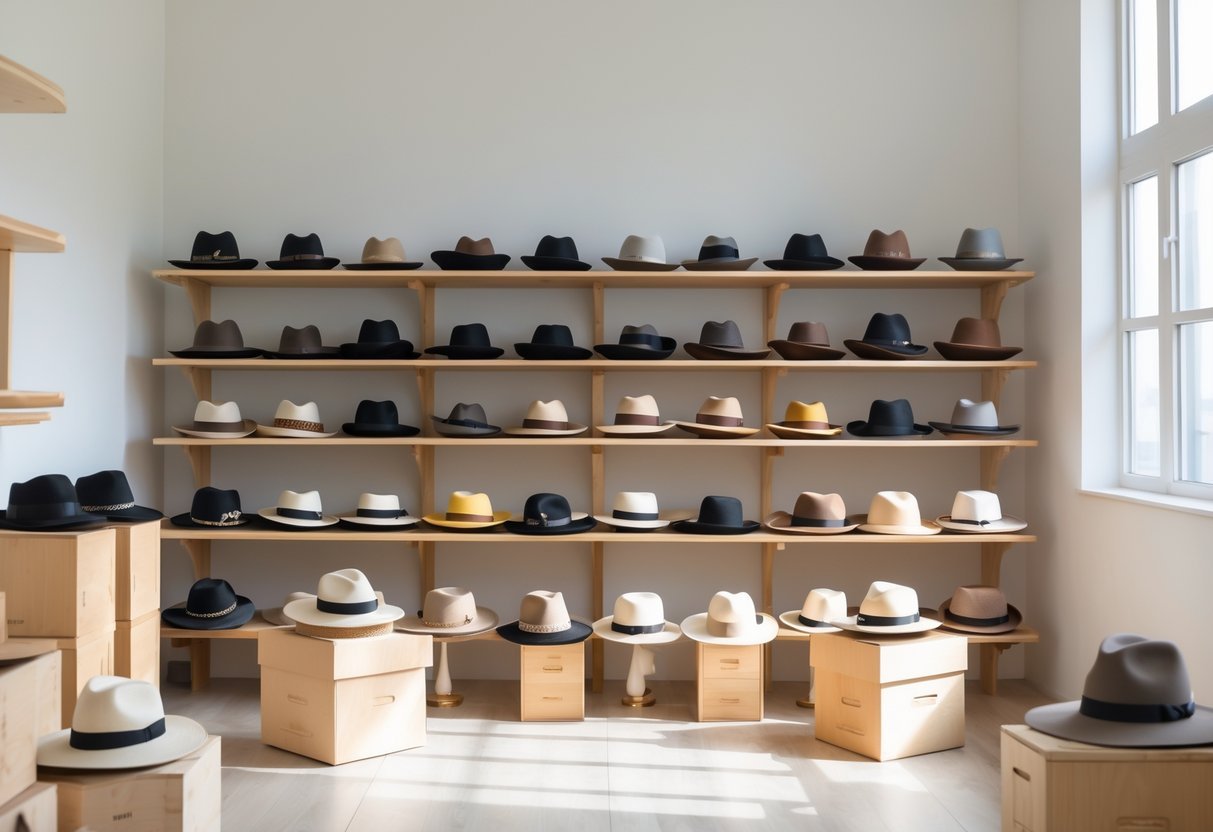 A collection of 21 different types of hats neatly displayed on shelves and stands in a bright room with natural light.