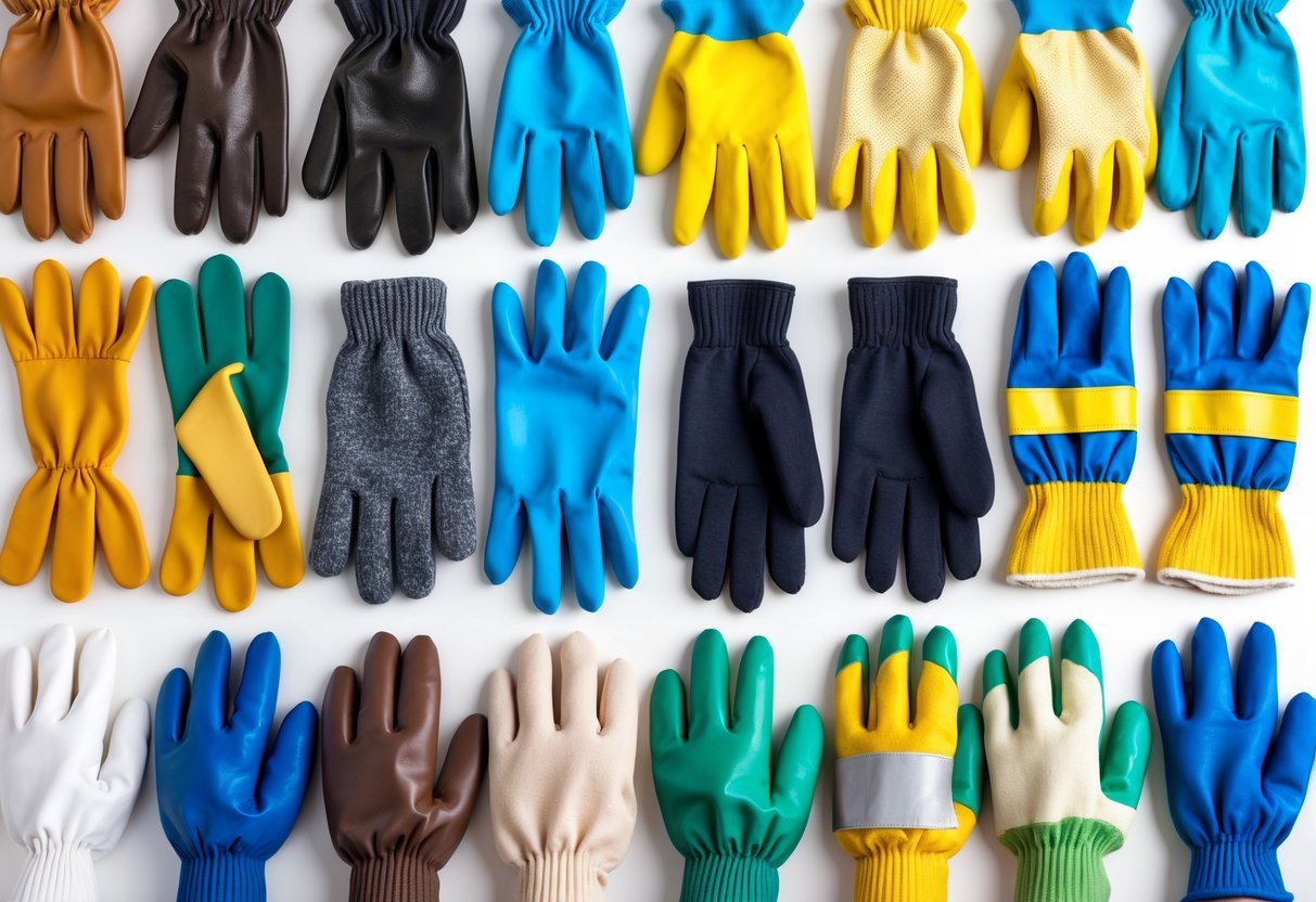 An assortment of different types of gloves arranged on a white surface, including leather, rubber, knitted, latex, gardening, and work gloves.