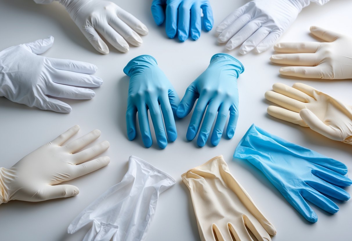 An assortment of different types of latex gloves arranged on a white surface.