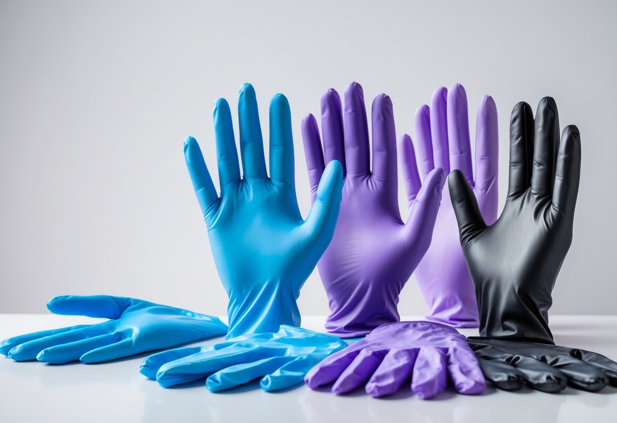 Various pairs of nitrile gloves in different colors arranged on a white surface.
