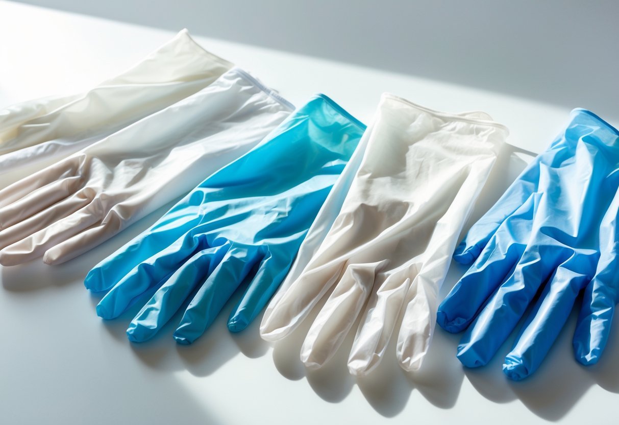 Various types of vinyl gloves arranged on a white surface.