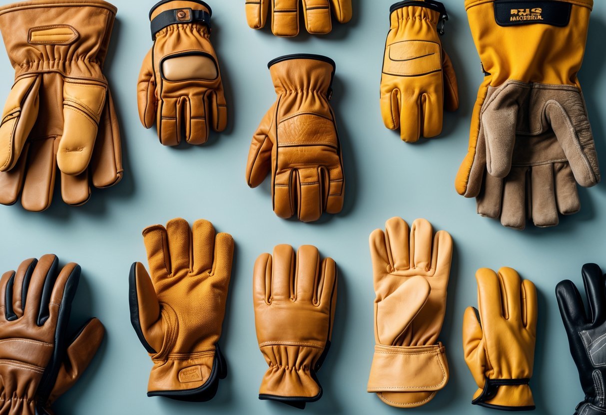 A collection of different types of leather work gloves arranged on a plain surface.