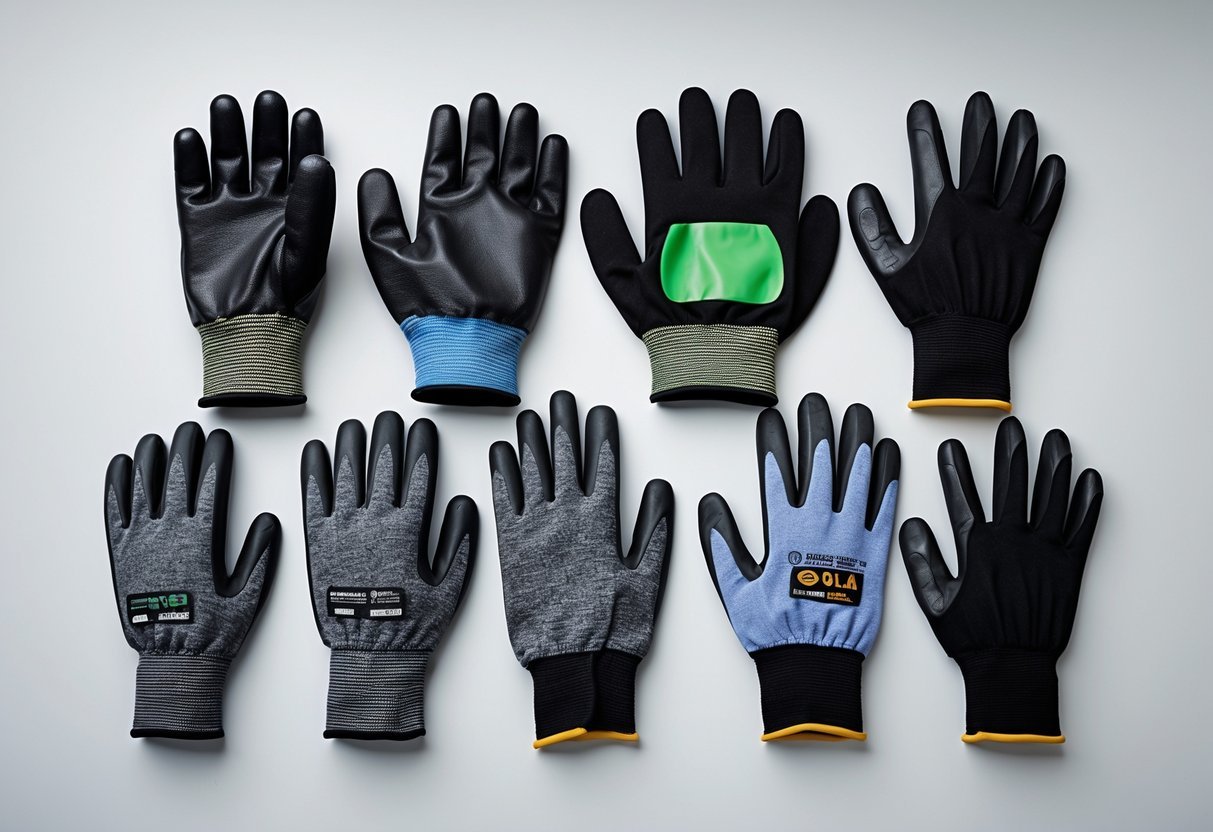 A variety of cut-resistant gloves displayed on a neutral background, showing different materials and designs.