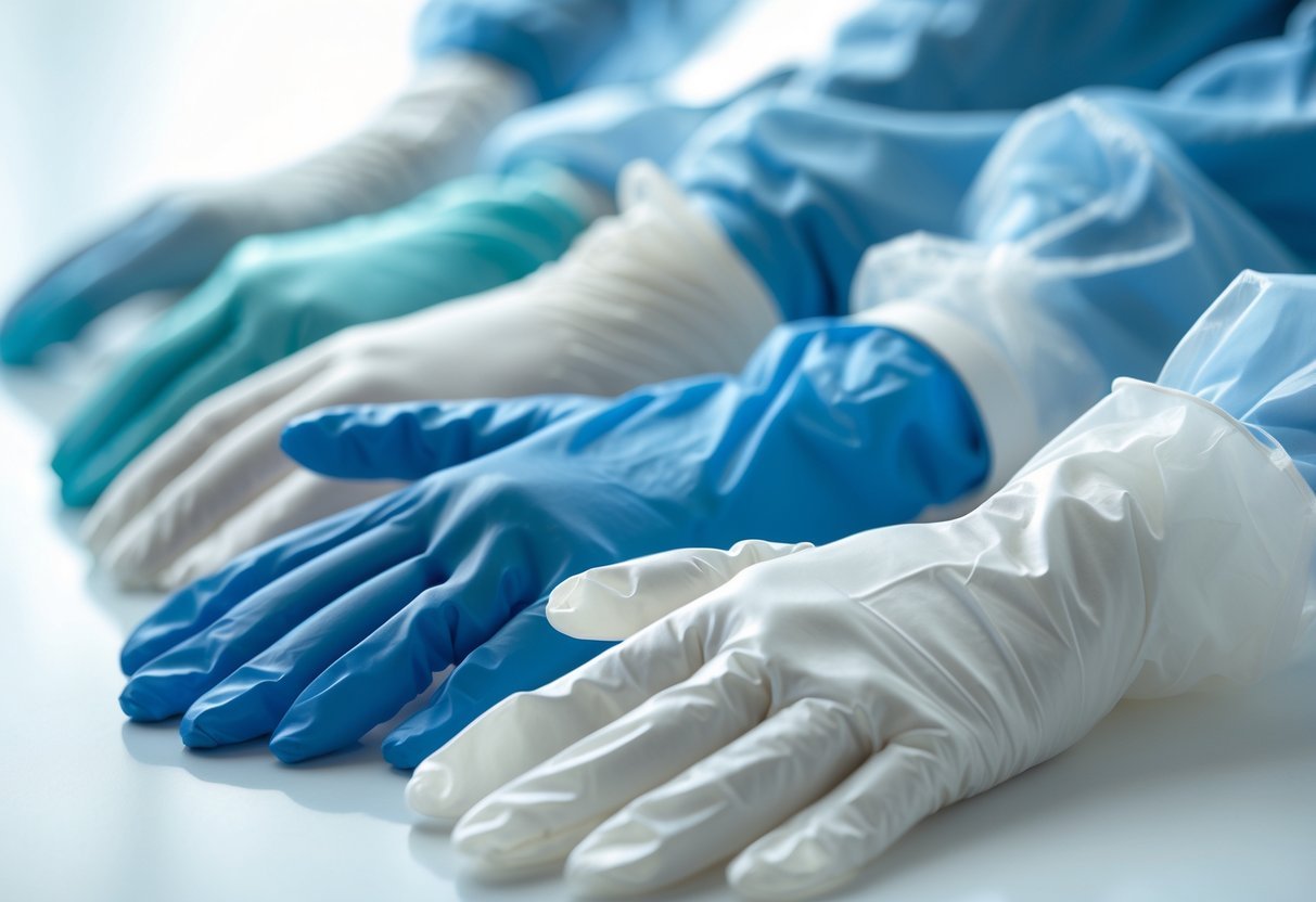 A variety of chemotherapy gloves in different types and colors arranged on a white surface.