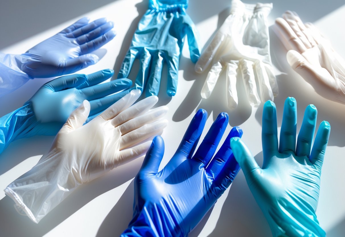 Various disposable polyethylene gloves in different colors and types arranged on a white surface.