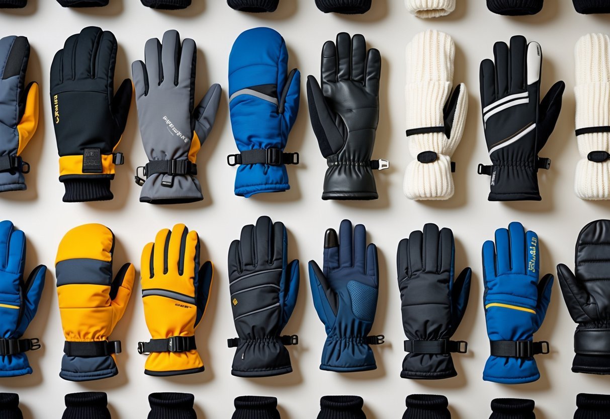 A collection of different types of winter thermal gloves arranged on a plain background.