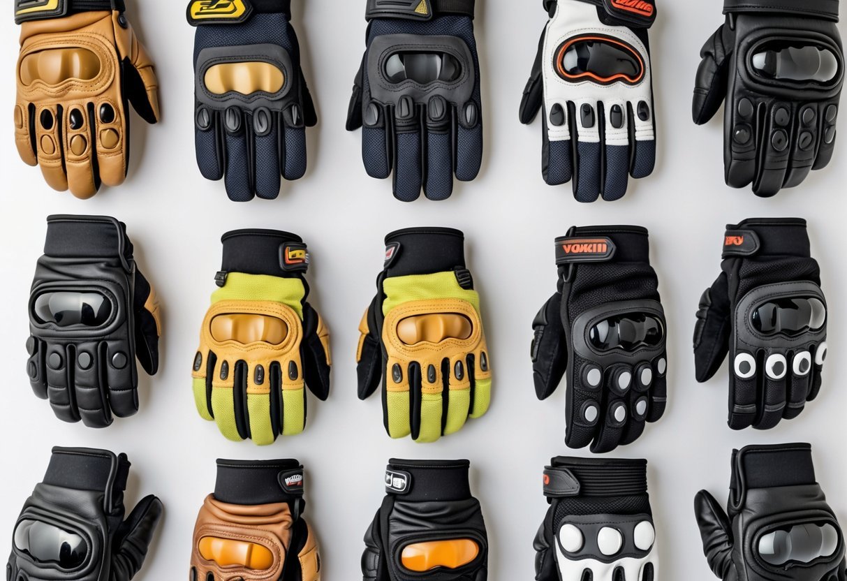 A collection of different types of motorcycle gloves arranged on a white background.