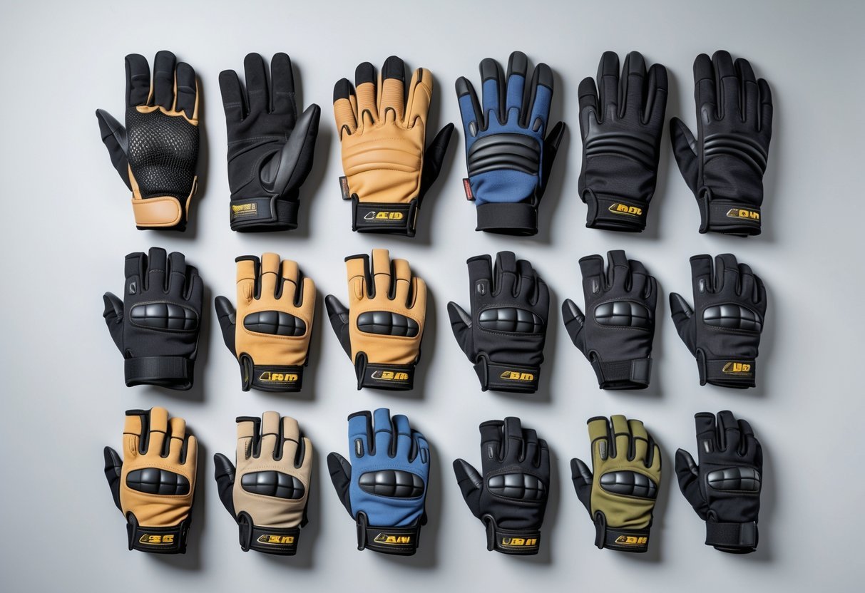 A collection of different types of tactical gloves arranged on a neutral background.