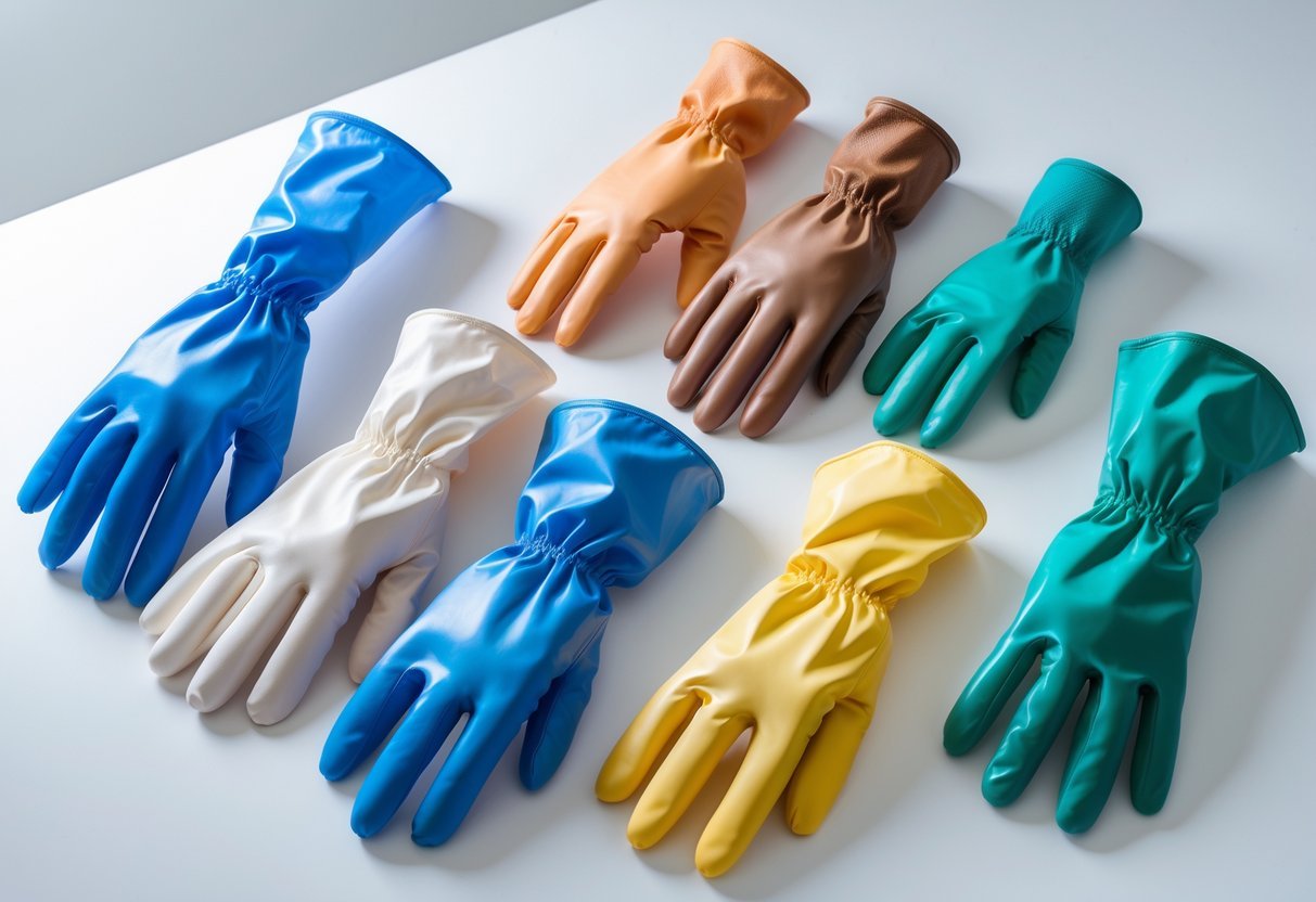 A variety of different types of gloves including latex, nitrile, leather, cotton, and rubber gloves arranged neatly on a white surface.