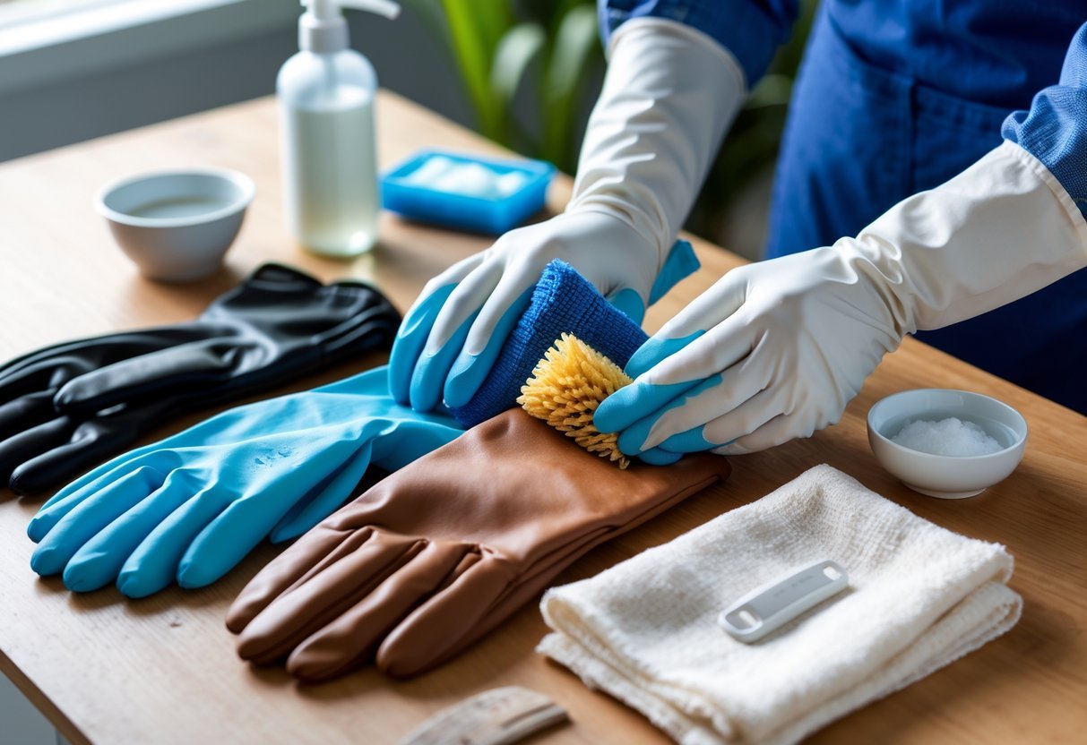 Hands cleaning different types of gloves on a wooden table with cleaning supplies nearby.
