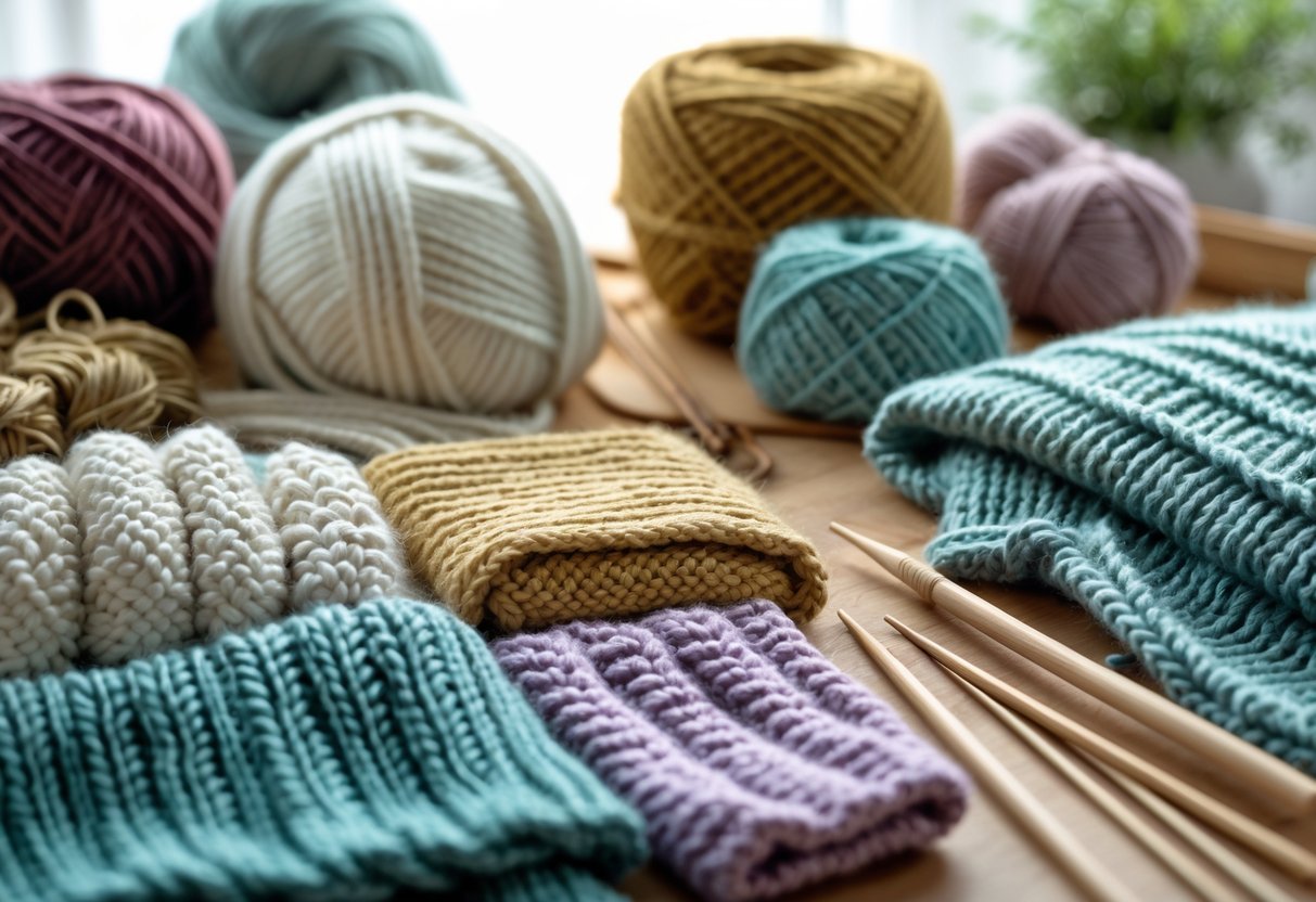 Close-up view of various knitted fabrics and knitting tools arranged on a table.