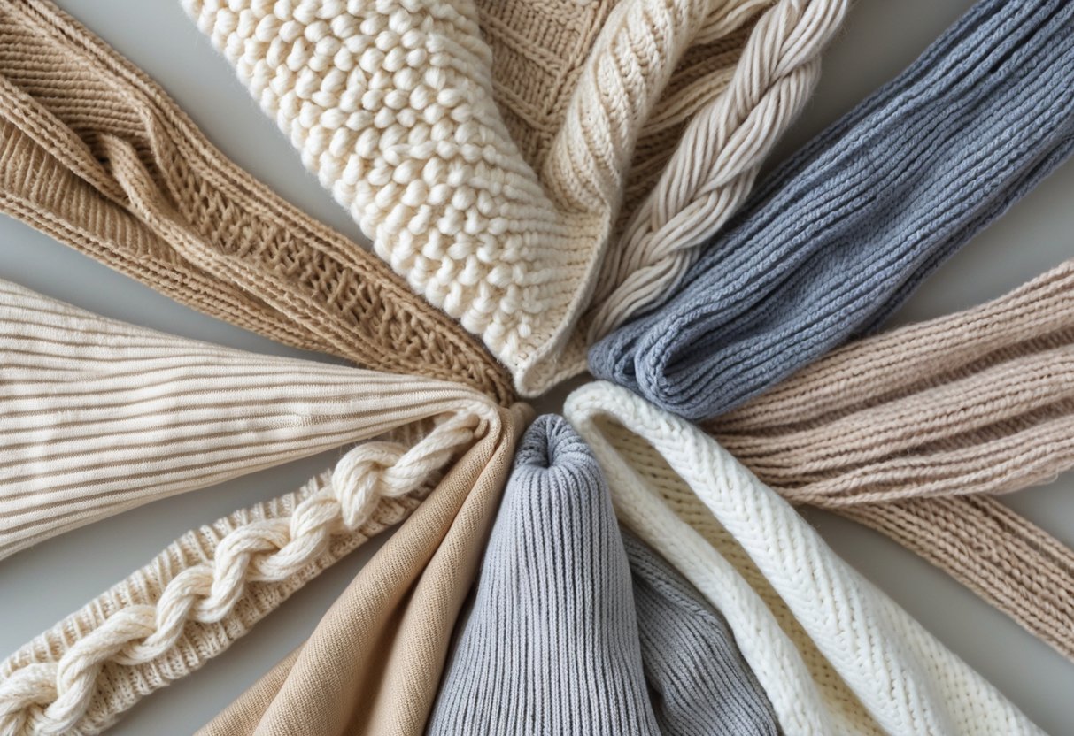 Close-up view of various types of knitted fabrics arranged neatly to show different patterns and textures.