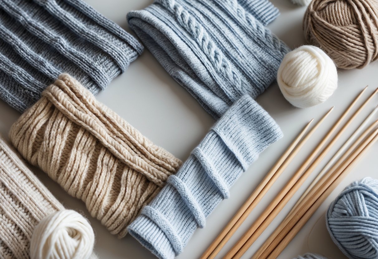 Close-up view of various knitted fabric samples with yarn balls and knitting needles arranged on a neutral surface.