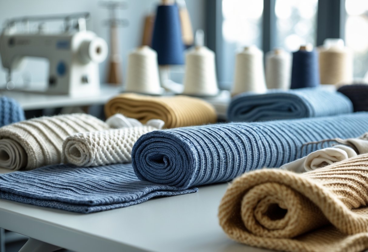 Close-up view of various knitted fabrics with different textures arranged on a table in a textile workshop.