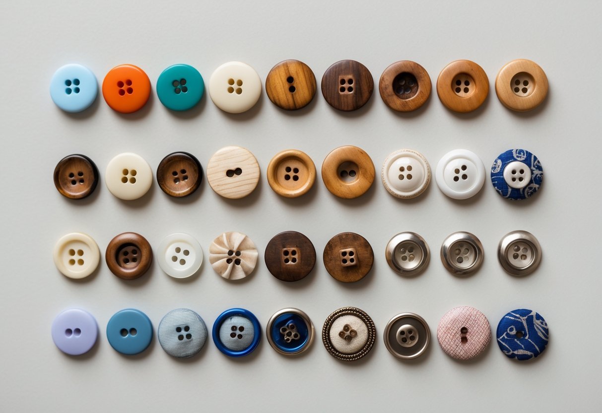 A collection of various types of clothing buttons arranged neatly on a plain background.