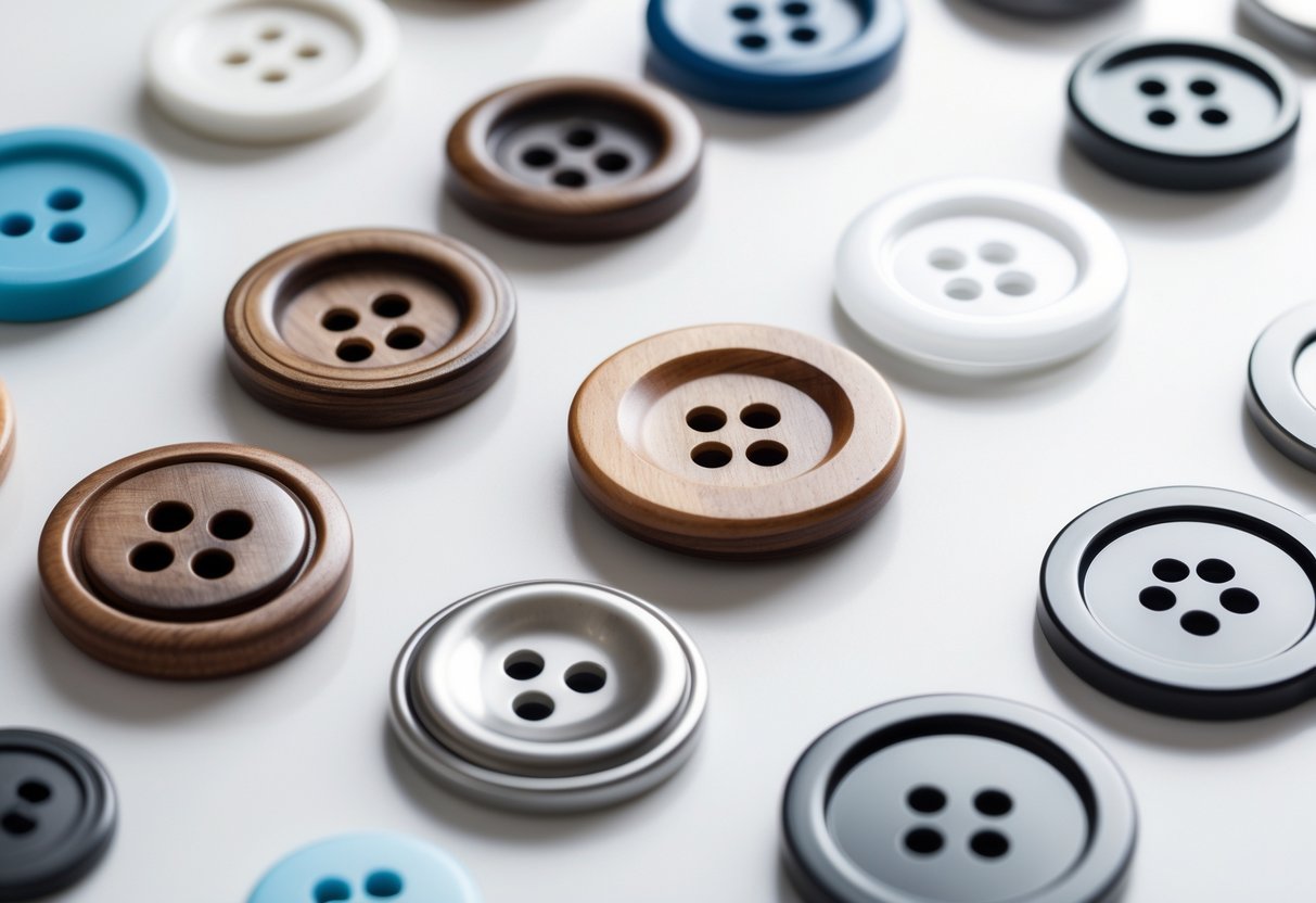 Close-up view of different flat buttons with four holes arranged on a white background.