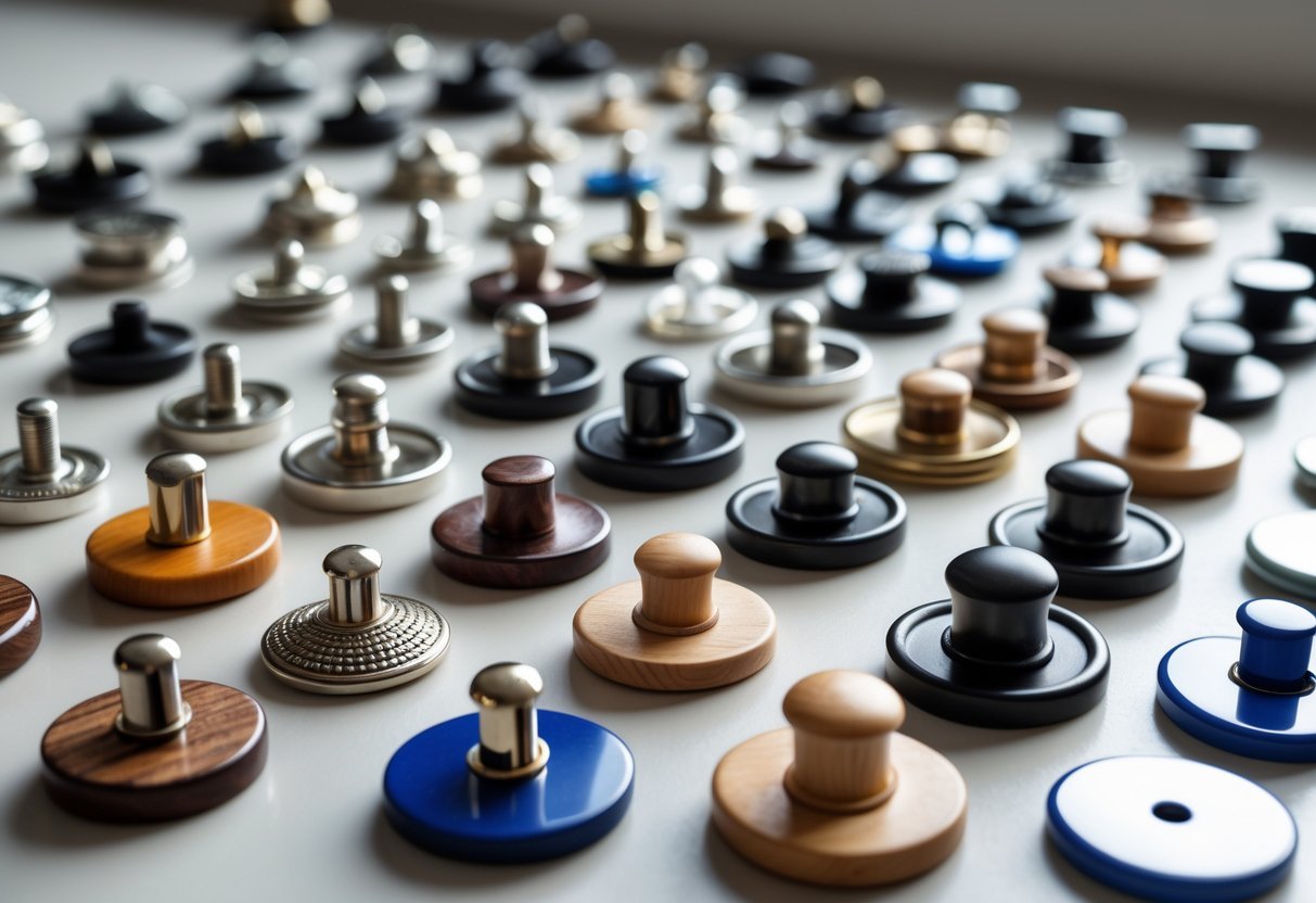 A collection of different shank buttons for clothes arranged on a neutral surface.